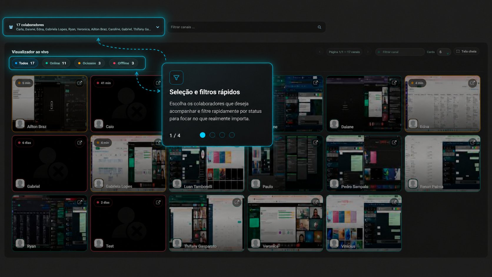 Seleção e filtros rápidos — colaboradores e status