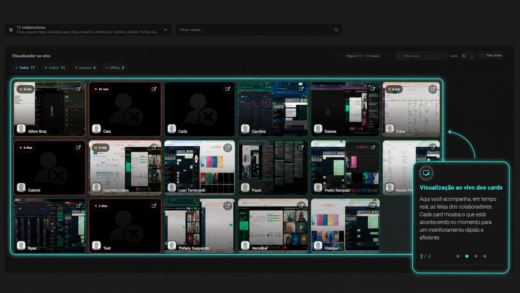 Visualização ao vivo dos cards — telas em tempo real