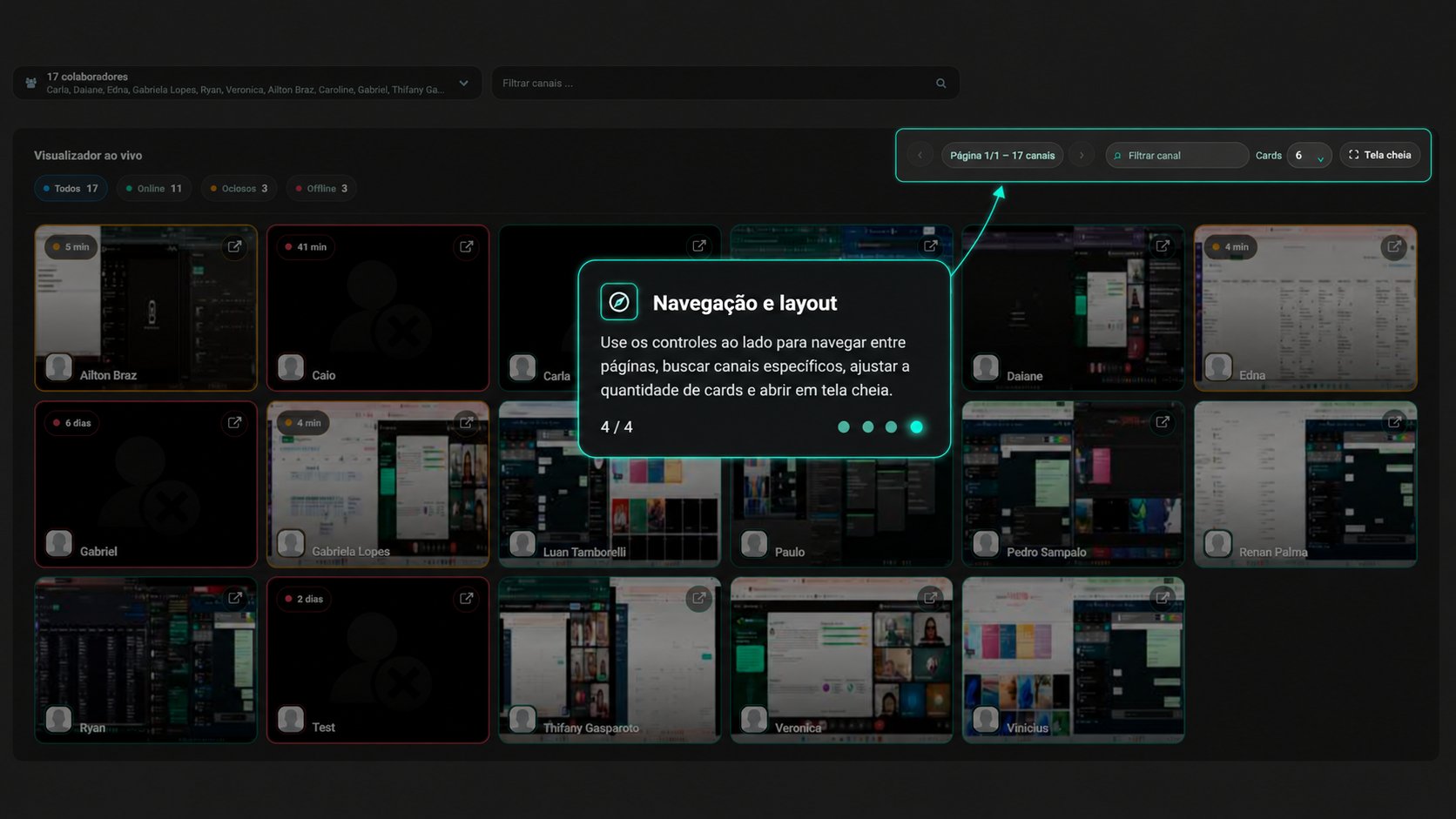 Navegação e layout — páginas, busca, cards e tela cheia